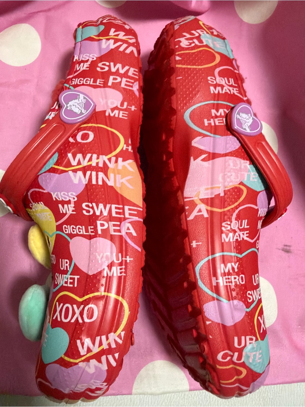 CROCS Red Conversation Heart Clogs with Plush Lining and Heart Charms - Picture 5 of 8